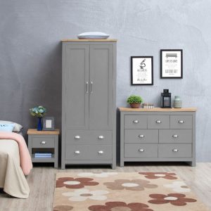 Lisbon 3 Piece Set in Light Grey (Wardrobe, Chest,  Bedside)