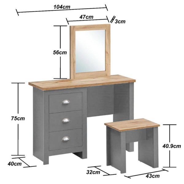 Lisbon Dressing Table 3 Drawer Set in Grey and Oak - Image 6