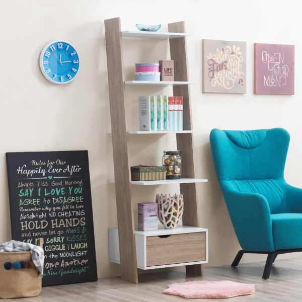 Pulford Ladder Bookcase with Drawer in White and Oak