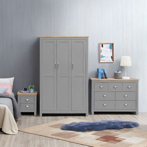 Lisbon 3 Piece Set in Light Grey (Wardrobe, Chest, Bedside)