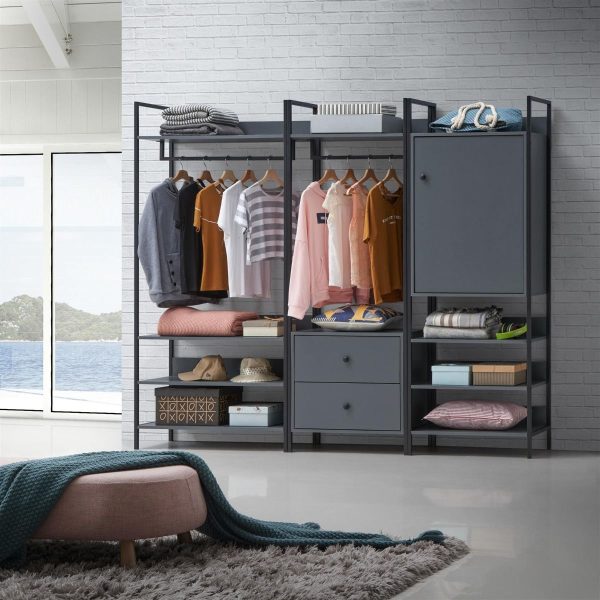 Zahra 3 Piece Bedroom Furniture Set Open Wardrobes in Dark Grey